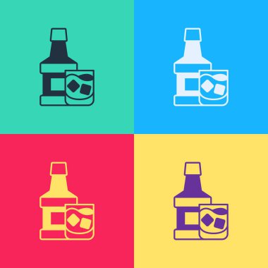 Pop Art Whiskey şişesi ve cam ikon renkli arka planda izole edilmiş. Vektör.