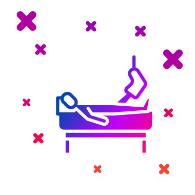 Kırık bacaklı renkli hasta beyaz arka planda izole edilmiş hastane ikonunda. Hastanın hastaneye kaldırılması. Hasta adam yatakta. Kademeli rastgele dinamik şekiller. Vektör.