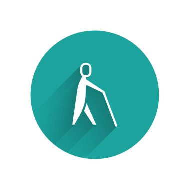 Beyaz Kör insan sopası ikonu uzun gölgeli izole edilmiş. Körlüğü olan engelli bir insan. Yeşil daire düğmesi. Vektör.