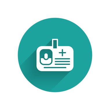 Beyaz kimlik kartı simgesi uzun gölgeyle izole edildi. Sunum için, şirketin kimliği için, reklam için kullanılabilir. Yeşil daire düğmesi. Vektör.