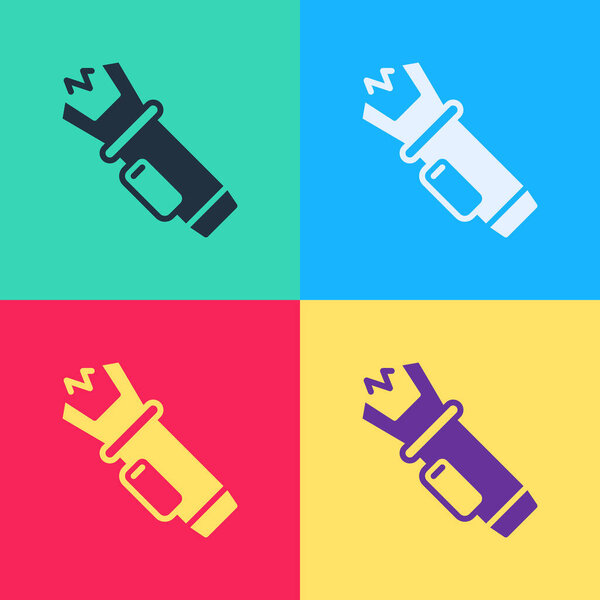 Pop art Police electric shocker icon isolated on color background. Shocker for protection. Taser is an electric weapon.  Vector.