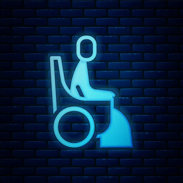 Glowing Neon Woman Wheelchair Disabled Person Icon Isolated Brick Wall — Stock Vector