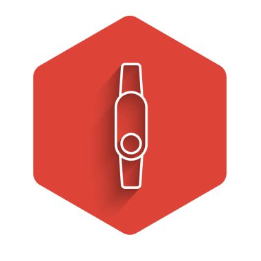 Beyaz çizgi Smartwatch simgesi uzun gölgeli izole edilmiş. Fitness uygulaması konsepti. Kırmızı altıgen düğmesi. Vektör.