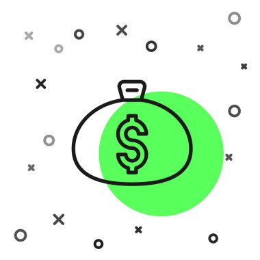 Siyah çizgi Para Çantası simgesi beyaz arkaplanda izole edildi. Dolar ya da USD sembolü. Nakit bankacılık tabelası. Vektör.