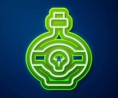 Parlayan neon hattı mavi arka planda izole edilmiş şişe ikonundaki zehir. Bir şişe zehir ya da zehirli kimyasal toksin. Vektör.