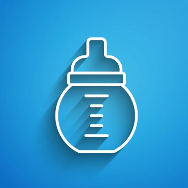 Beyaz çizgi bebek sütü mavi arka planda izole edilmiş bir şişe ikonu. Beslenme şişesi simgesi. Uzun gölge. Vektör.