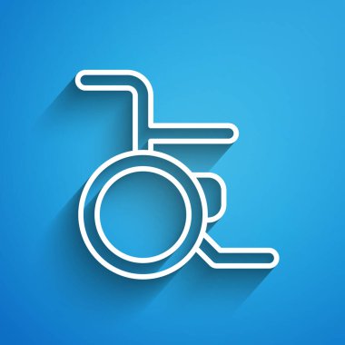 Özürlü kişi simgesi için beyaz çizgi tekerlekli sandalye mavi arka planda izole edildi. Uzun gölge. Vektör.