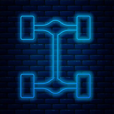 Parlayan neon hattı Chassis araba simgesi tuğla duvar arka planında izole edildi. Vektör.