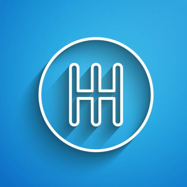 Beyaz çizgi vites değiştiren simgesi mavi arkaplanda izole edildi. İletişim simgesi. Uzun gölge. Vektör.