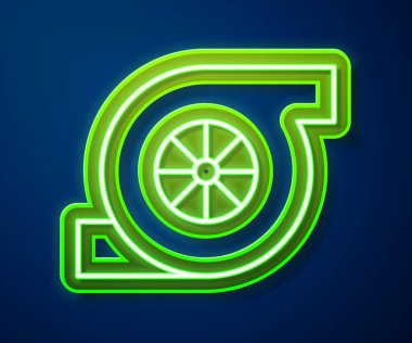 Parlayan neon hattı otomotiv turbo şarj ikonu mavi arkaplanda izole edildi. Araç performans turboyu. Turbo kompresör indüksiyonu. Vektör.