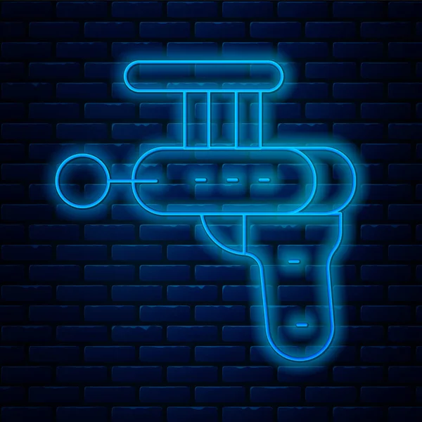 Linea Neon Incandescente Icona Pistola Ray Isolato Sfondo Muro Mattoni — Vettoriale Stock