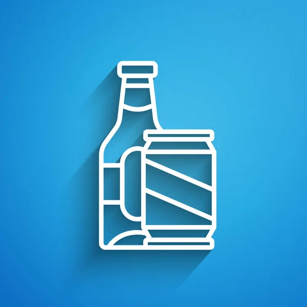 Beyaz Çizgi Bira Şişesi Bira Kutusu Ikonu Mavi Arka Planda — Stok Vektör