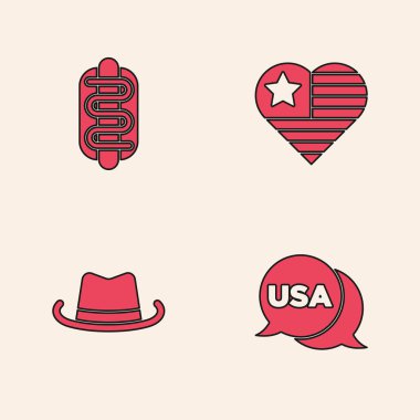 Amerika 'nın Bağımsızlık Günü' nü, Hotdog sandviçini ve kovboy şapkası ikonunu ayarla. Vektör