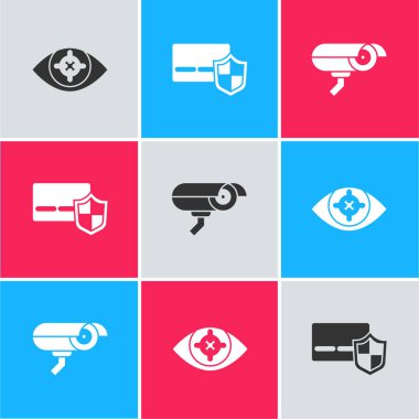 Göz taramasını, rozetli kredi kartını ve güvenlik kamerası simgesini ayarla. Vektör