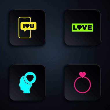 Alyansları ayarla, kalpli cep telefonu, kafa ve aşk mesajı. Siyah kare düğme. Vektör