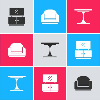 Televizyon masası, Kol Sandalyesi ve Yuvarlak ikonu kur. Vektör