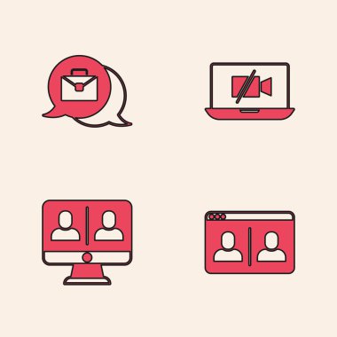 Video sohbet konferansını ayarlayın, çevrimiçi çalışıyor, kamera kapalı dizüstü bilgisayar ve simge. Vektör