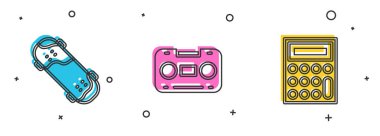 Kaykay numarasını, Retro ses kasetini ve hesap makinesi simgesini ayarla. Vektör