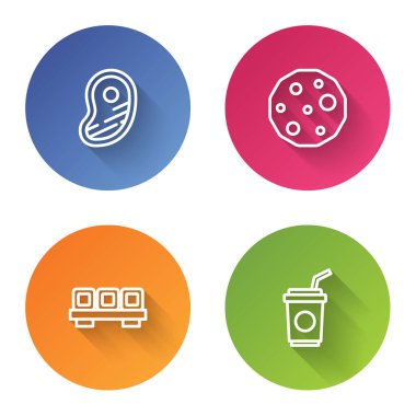 Biftek, kurabiye ya da bisküvi, kesim tahtasında suşi ve samanla kağıt bardak. Renkli daire düğmesi. Vektör