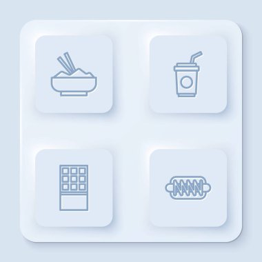 Çubuklu pilav, kamış, çikolatalı çikolata ve Hotdog sandviçi. Beyaz kare düğme. Vektör