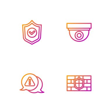 Kalkan 'ı tuğla duvarla, ünlem işaretini üçgenle ve güvenlik kamerasıyla ayarla. Renk simgeleri. Vektör