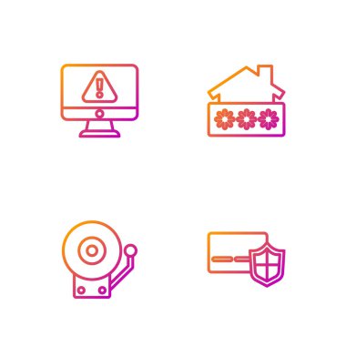 Kalkanlı, alarm zilli, monitör ünlem işaretli ve evin şifresini girin. Renk simgeleri. Vektör