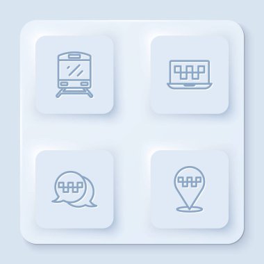 Tren hattını, dizüstü bilgisayarı, taksi servisini, taksi telefonunu ve konumu ayarlayın. Beyaz kare düğme. Vektör