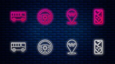 Hat direksiyonu, taksi, otobüs ve şehir haritalı konum. Tuğla duvarda parlayan neon simgesi. Vektör