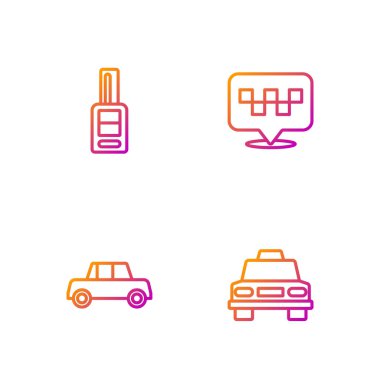 Taksi, araba, uzaktan kumandalı anahtar ve konum taksisi ayarla. Renk simgeleri. Vektör