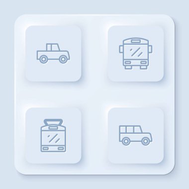 Otomobil, otobüs, tramvay ve demiryolu hattını ayarlayın. Beyaz kare düğme. Vektör