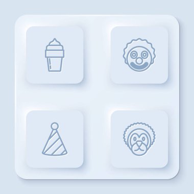 Dondurma, palyaço kafası, parti şapkası ve vahşi aslan. Beyaz kare düğme. Vektör