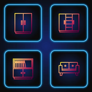 Satır kanepesi, kütüphane kitaplığı, gardırop ve... Renk simgeleri. Vektör