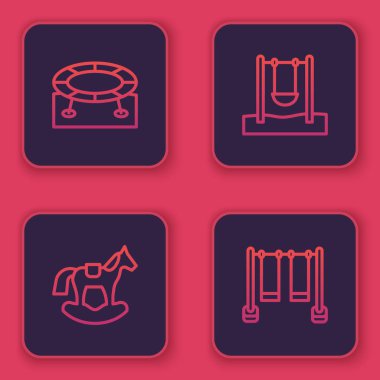 Çizgi atlama trambolini, at eyeri salıncak, salıncak ve çift. Mavi kare düğme. Vektör