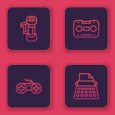 Kamera rulo kartuşu, Gamepad, Retro ses kaseti ve daktilo ayarlayın. Mavi kare düğme. Vektör