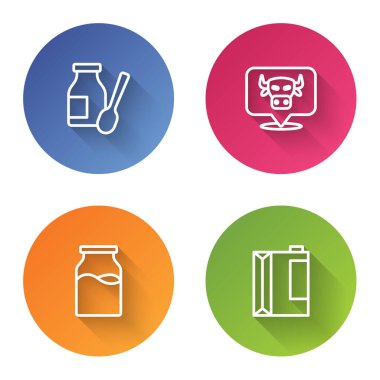 Şişede yoğurt içmek, inek kafası, kefir için süt ve kağıt paketi olan bir şişe. Renkli daire düğmesi. Vektör