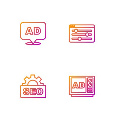 Satır Reklamcılığı, SEO optimizasyonu ve Tarayıcı ayarlarını ayarla. Renk simgeleri. Vektör