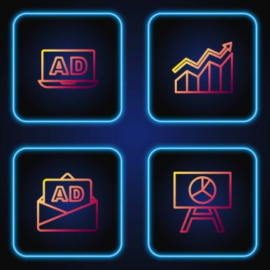 Çizgi tablosunu grafik tablosu, reklamcılık ve finansal büyüme artışıyla ayarla. Renk simgeleri. Vektör