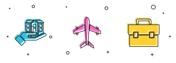 Set Casa Mano Icono Avión Maletín Vector — Vector de stock