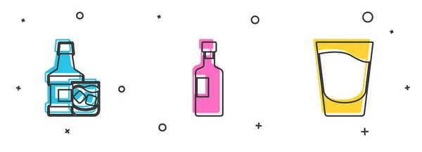 Set Whiskey Bottle Glass Wine Shot Icon Vector — Stock Vector