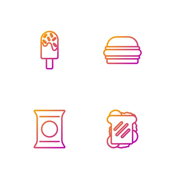 ラインを設定サンドイッチ バッグやパケットポテトチップス アイスクリームとバーガー グラデーションのアイコン ベクトル — ストックベクタ
