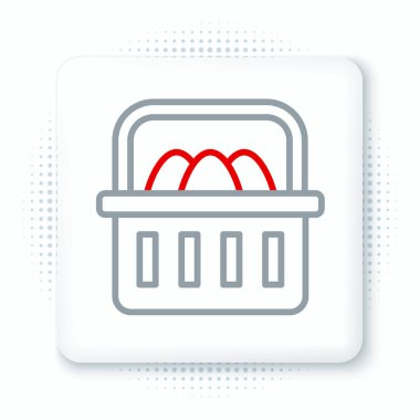 Beyaz arka planda paskalya yumurtası ikonu olan çizgi sepet. Mutlu Paskalyalar. Renkli taslak konsepti. Vektör.