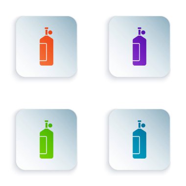 Aqualung simgesi beyaz arkaplanda izole edildi. Dalgıçlar için oksijen tüpü. Dalış ekipmanları. Olağanüstü bir spor. Su altı ekipmanları. Kare düğmelere renkli simgeleri yerleştir. Vektör.