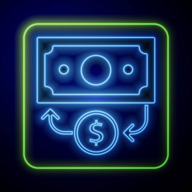 Parlayan neon yığınları kağıt para para ikonu mavi arka planda izole. Para desteleri. Para birimi. Vektör.