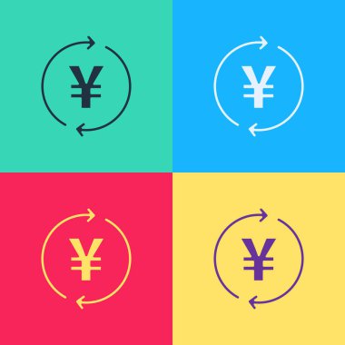 Renk arkaplanında Yen sembolü simgesi olan Pop Art Coin parası. Bankacılık işareti. Para sembolü. Vektör.