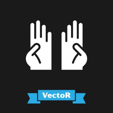 Siyah arka planda beyaz lastik eldiven ikonu var. Lateks el koruması işareti. Ev işi temizlik ekipmanları sembolü. Vektör.