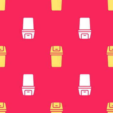 Sarı Çöp kutusu simgesi kırmızı arkaplanda izole edilmiş. Çöp kutusu tabelası. Sepet simgesini geri dönüştür. Ofis çöpü ikonu. Vektör.