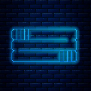Parlayan neon hattı havlu yığını simgesi tuğla duvar arka planında izole edildi. Vektör.