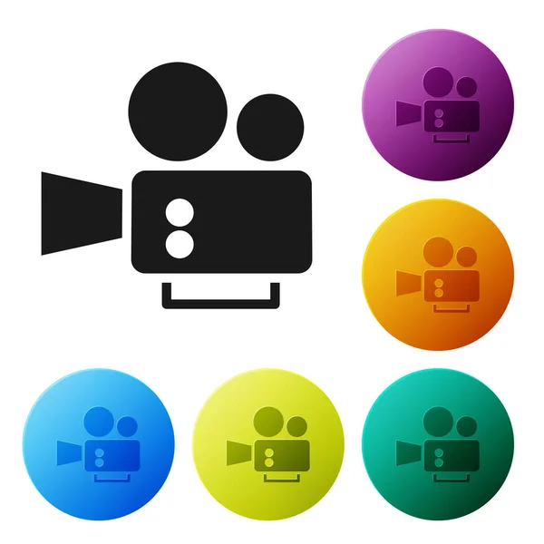 黑色电影相机图标隔离在白色背景 摄像机 电影标志 电影放映机在彩色圆形按钮中设置图标 — 图库矢量图片