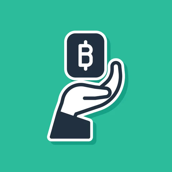 Blue Hand Houden Bitcoin Pictogram Geïsoleerd Groene Achtergrond Blockchain Technologie — Stockvector