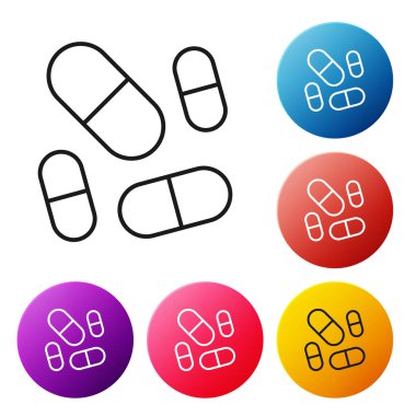 Siyah çizgi, beyaz arka planda izole edilmiş hap kapsülü ikonu vitamin kompleksi. Sağlıklı bir yaşam tarzı. Renkli daire düğmelerini ayarlayın. Vektör.